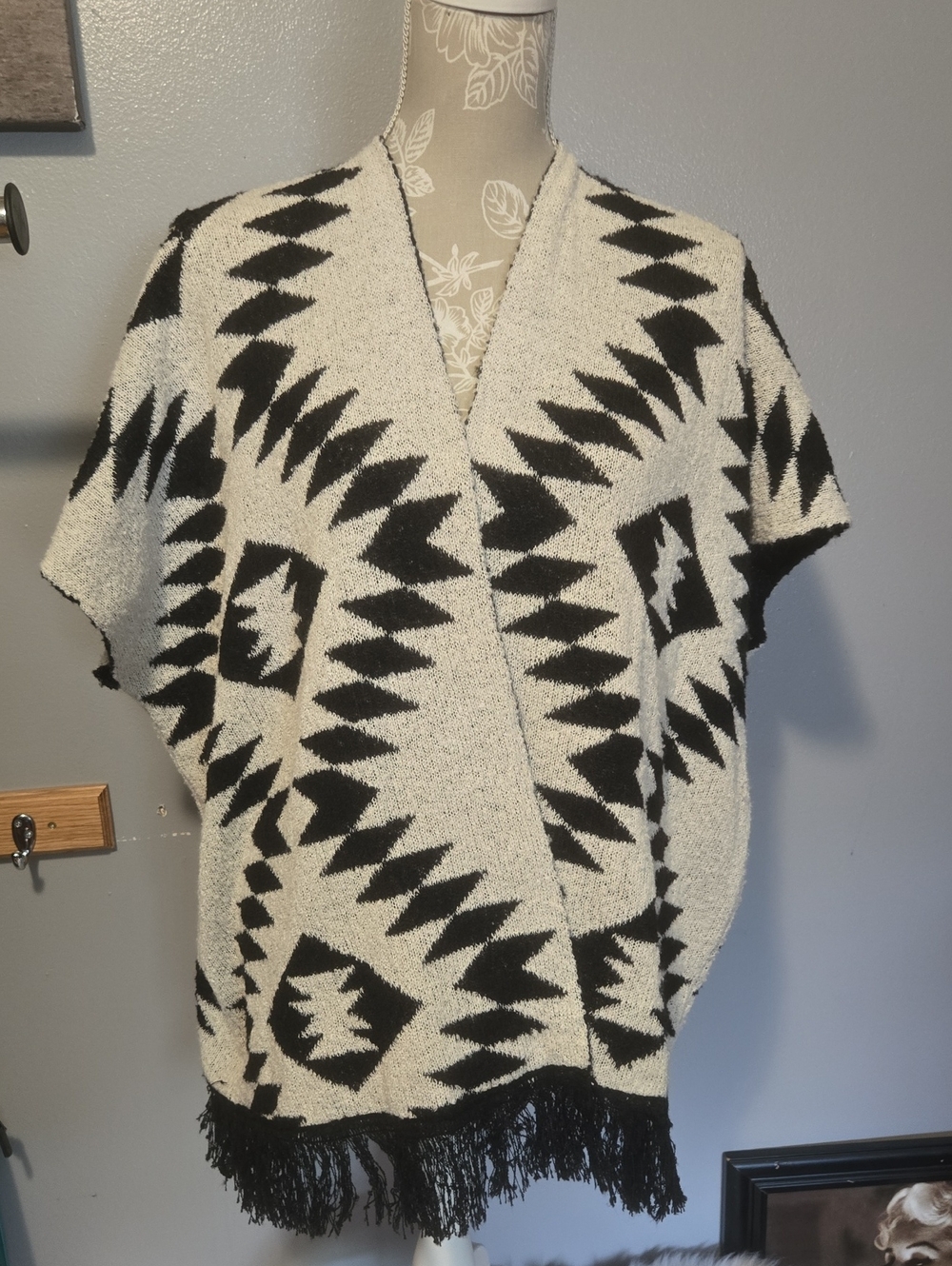 Mudd Black and Cream Geometric Fringe Poncho Sweater